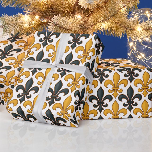 Yellow Black Baroque Fleur-de-lis Pattern Design  Wrapping Paper (Creator Uploaded)