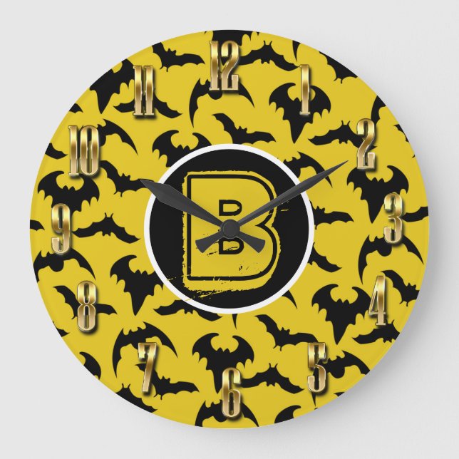 Yellow & Black Bats Halloween Large Clock (Front)
