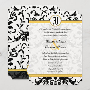 Yellow Black Bubble Bee Damask Wedding Invite