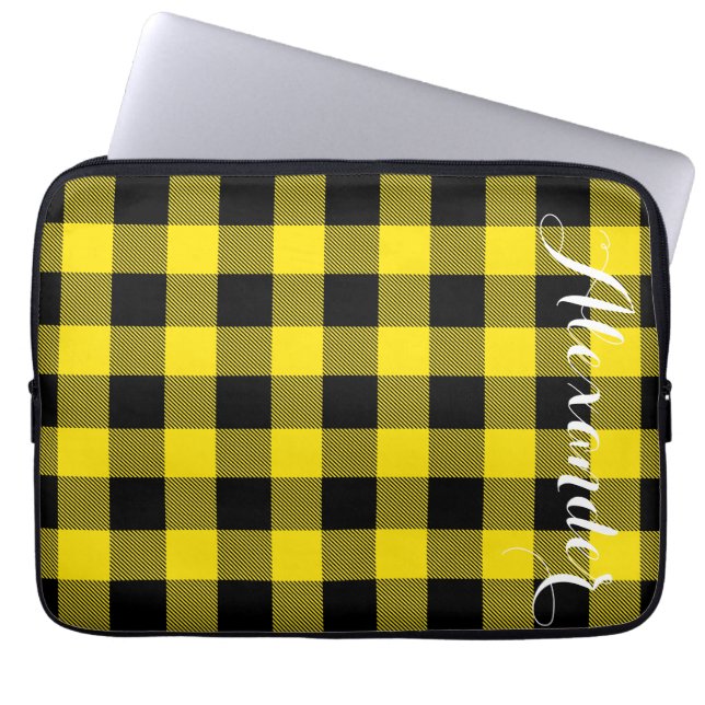 Yellow Black Buffalo Check Plaid Name Monogram Laptop Sleeve (Front)