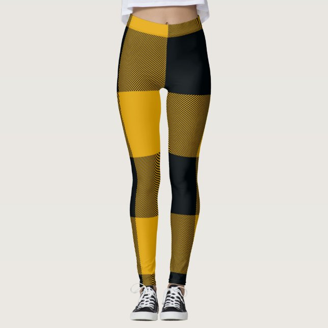 Yellow & Black Buffalo Plaid Chequered Leggings (Front)