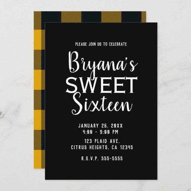 Yellow Black Buffalo Plaid Sweet 16 Birthday Party Invitation (Front/Back)