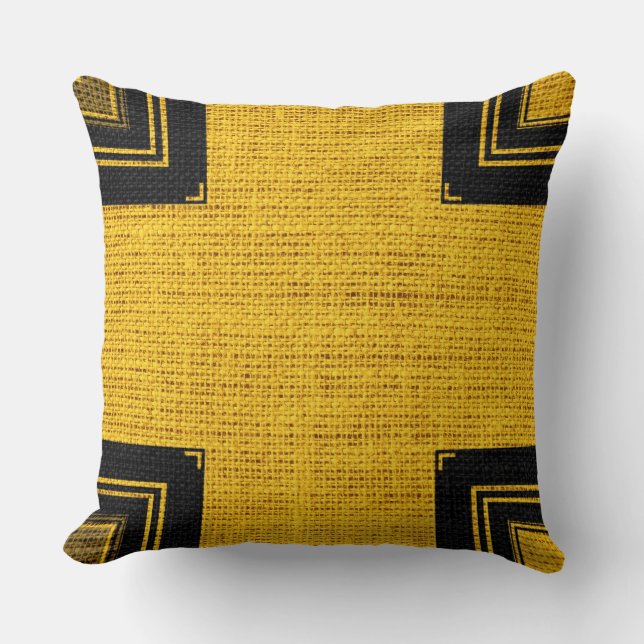 Yellow Black Burlap Linen Rustic Jute Cushion (Front)