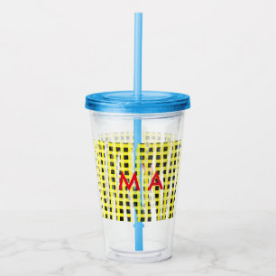 Yellow Black checkboard add name monogram name let Acrylic Tumbler