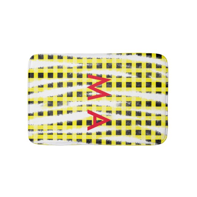 Yellow Black checkboard add name monogram name let Bath Mat (Front)