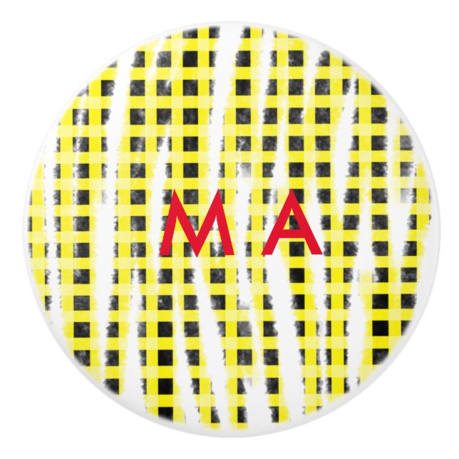 Yellow Black checkboard add name monogram name let Ceramic Knob (Front)