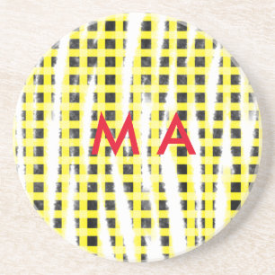 Yellow Black checkboard add name monogram name let Coaster