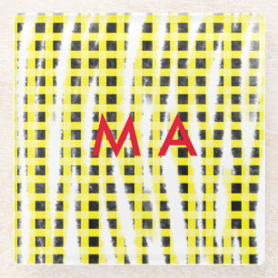Yellow Black checkboard add name monogram name let Glass Coaster