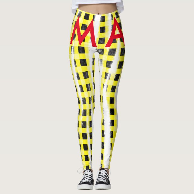 Yellow Black checkboard add name monogram name let Leggings (Front)