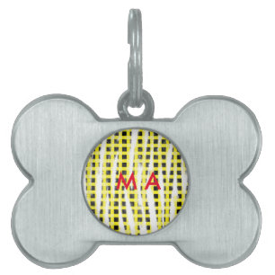 Yellow Black checkboard add name monogram name let Pet ID Tag