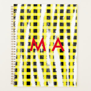 Yellow Black checkboard add name monogram name let Planner
