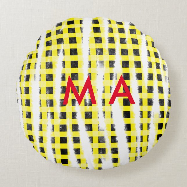 Yellow Black checkboard add name monogram name let Round Cushion (Front)