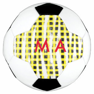 Yellow Black checkboard add name monogram name let Soccer Ball