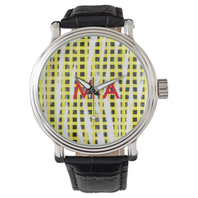 Yellow Black checkboard add name monogram name let Watch (Front)