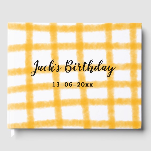 yellow black chequerboard add name date birthday  guest book (Front)