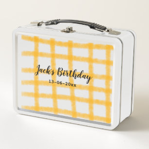 yellow black chequerboard add name date birthday metal lunch box