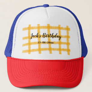 yellow black chequerboard add name date birthday trucker hat