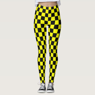 Yellow Black Chequered Check Pattern Leggings