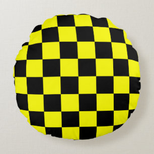 Yellow Black Chequered Check Pattern Round Cushion