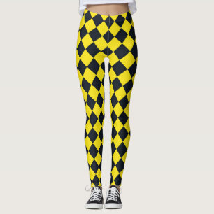Yellow Black Chequered Diamond Pattern Leggings