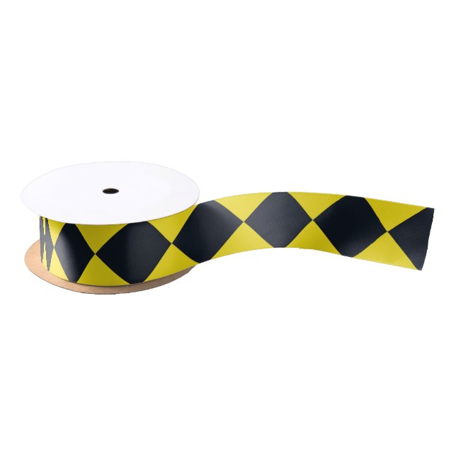 Yellow Black Chequered Diamond Pattern Satin Ribbon (Spool)