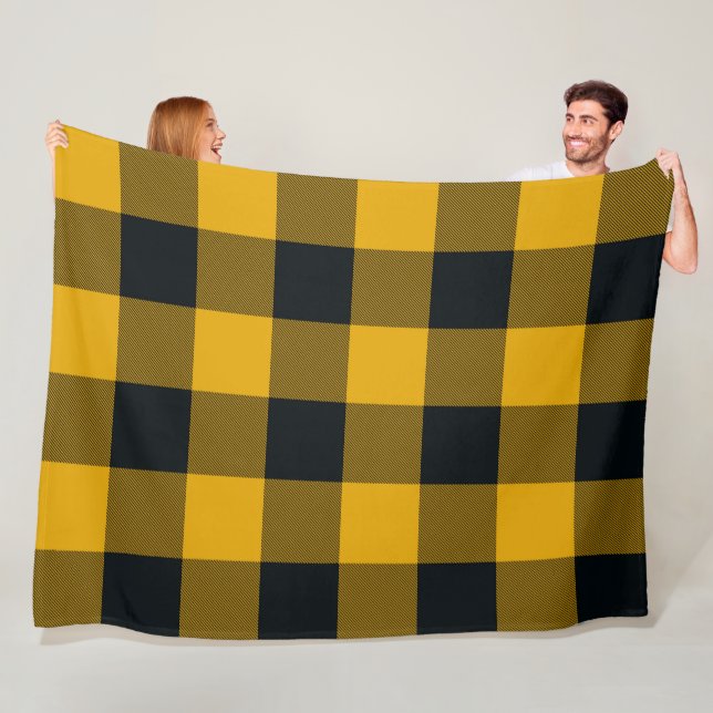 Yellow & Black Chequered Squares Buffalo Plaid Fleece Blanket (In Situ)