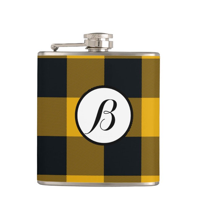 Yellow & Black Chequered Squares Buffalo Plaid Hip Flask (Front)