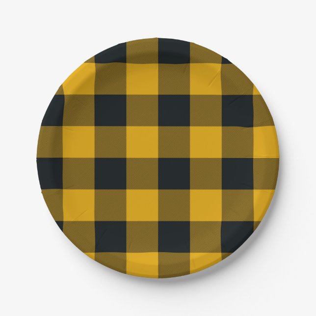 Yellow & Black Chequered Squares Buffalo Plaid Paper Plate (Front)