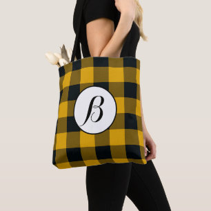 Yellow & Black Chequered Squares Buffalo Plaid Tote Bag