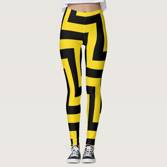 Yellow Black Chevron Geometric Dagonal Stripes Leggings (Front)