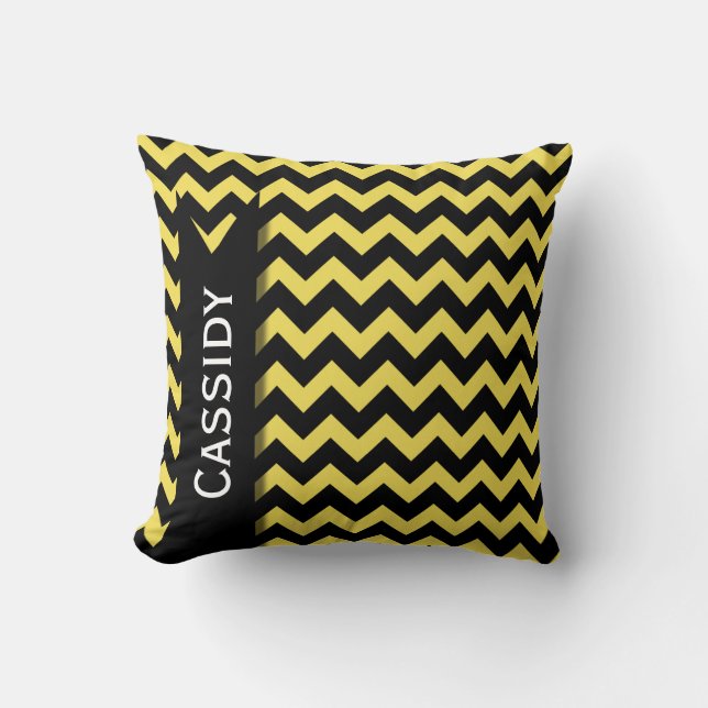 Yellow Black Chevron Pattern & Personalised Name Cushion (Front)