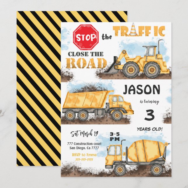 Yellow & Black Construction Birthday Invitation (Front/Back)