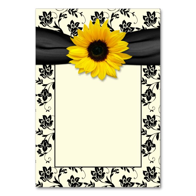 Yellow Black Cream Damask Sunflower Wedding Table Number (Front)