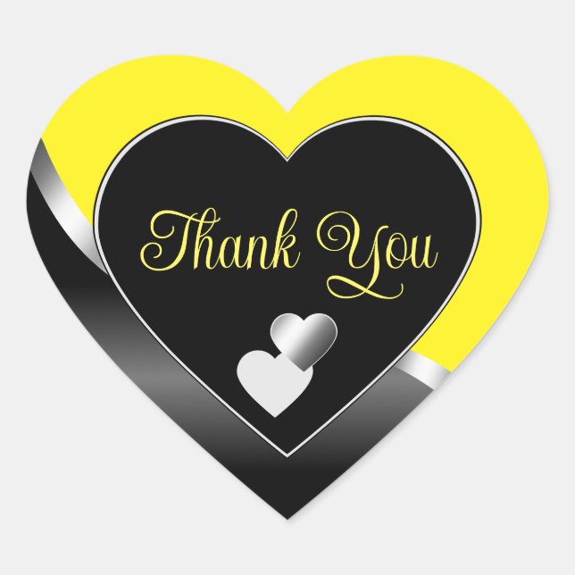 Yellow Black Cute Hearts and Wavy Silver Thank You Heart Sticker (Front)