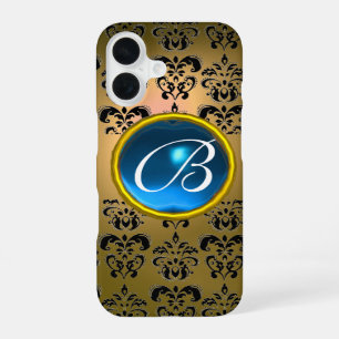 YELLOW BLACK DAMASK BLUE GEMSTONE MONOGRAM iPhone 16 CASE