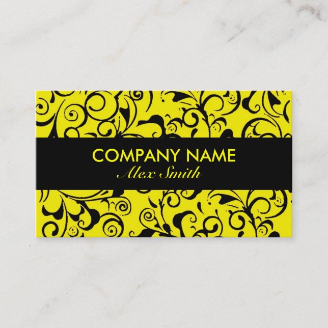 Yellow black damask custom business cards (Front)