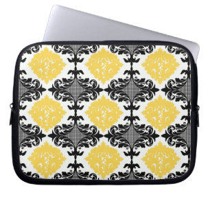 Yellow & black damask floral girly flower pattern laptop sleeve