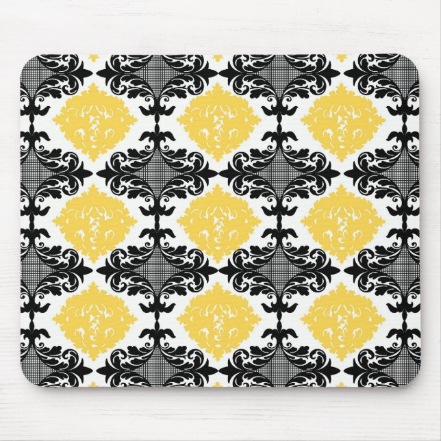 Yellow & black damask floral girly flower pattern mouse pad (Front)