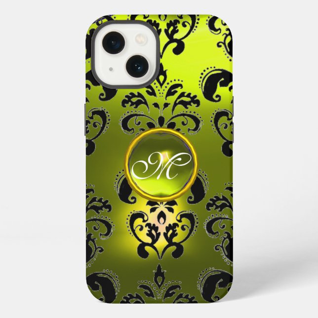 YELLOW BLACK DAMASK GEMSTONE MONOGRAM  iPhone CASE (Back)
