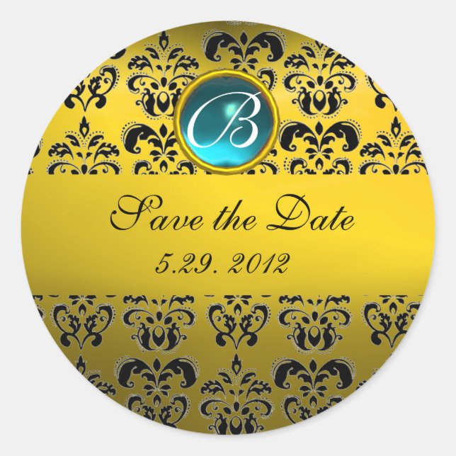 YELLOW BLACK DAMASK MONOGRAM , blue turquase Classic Round Sticker (Front)