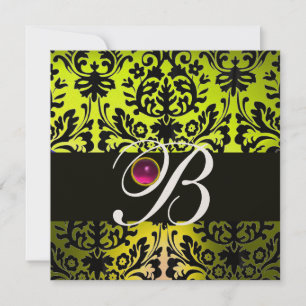 YELLOW BLACK DAMASK MONOGRAM PINK PURPLE Amethyst Invitation