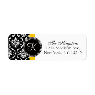 Yellow Black Damask Monogram Wedding Address Label Return Address Label