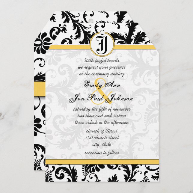 Yellow & Black Damask Swirls Wedding Invitations (Front/Back)