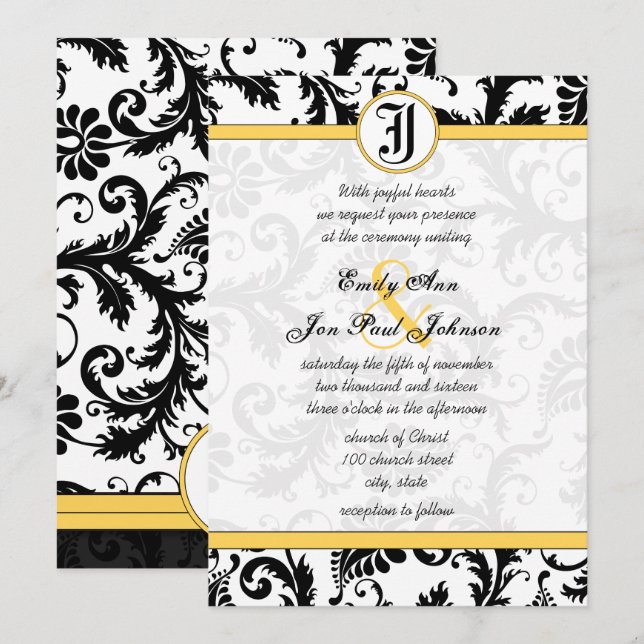 Yellow & Black Damask Swirls Wedding Invitations (Front/Back)