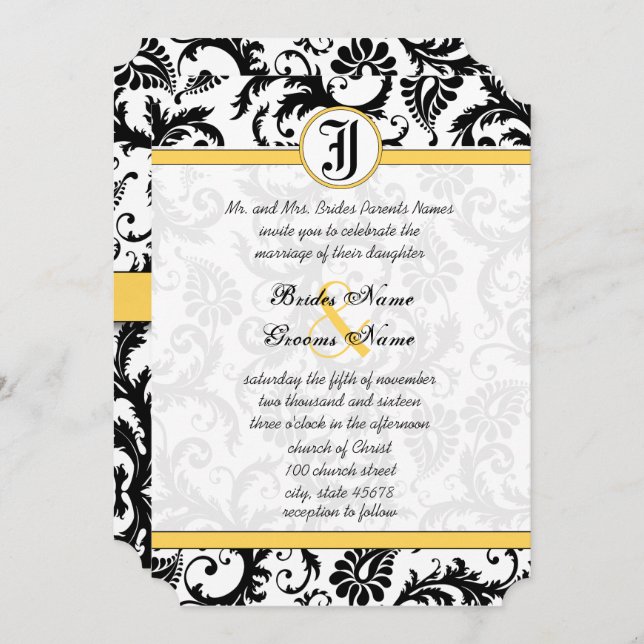 Yellow & Black Damask Swirls Wedding Invitations (Front/Back)