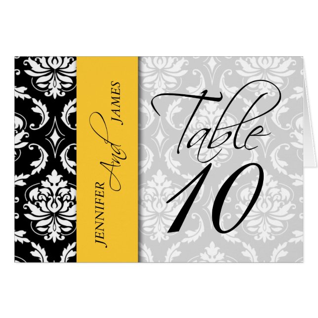 Yellow Black Damask Table Number Card Names (Front Horizontal)