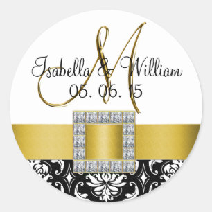 Yellow Black Damask Wedding Favour Sticker