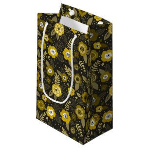 Yellow black elegant ditsy floral pattern small gift bag