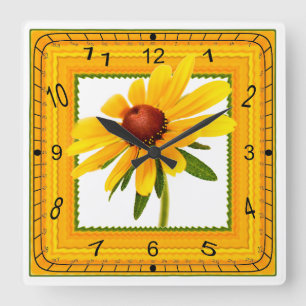 Yellow Black-Eyed Susan in Square Frame Wall Clock