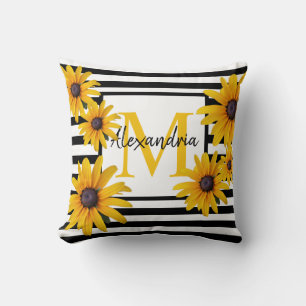 Yellow Black-Eyed Susan Monogram Black Stripe Cushion